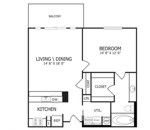 Floor plan for 1 bed, 1 bath, 773 sqft